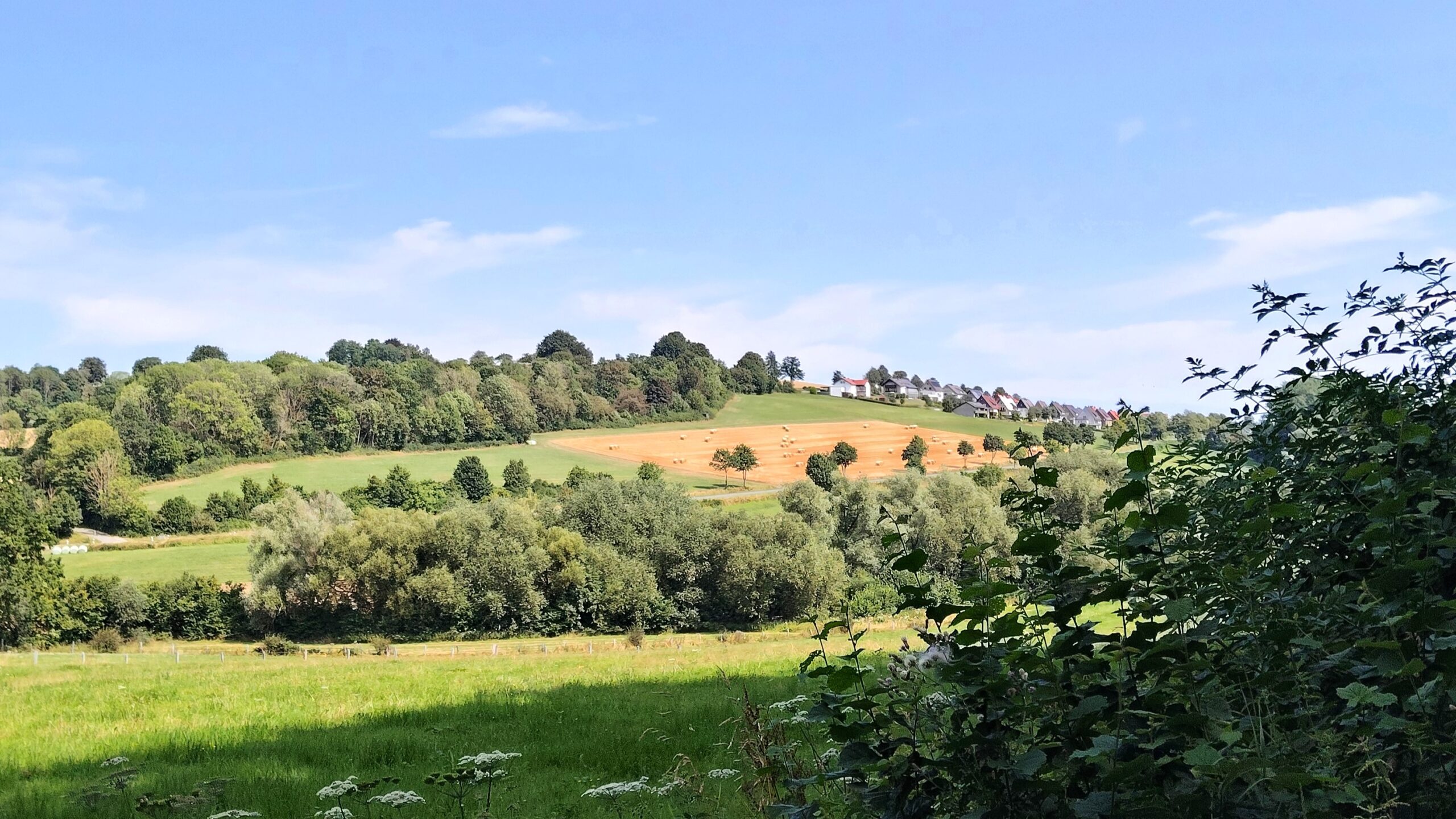 Weite Felder, Strohballen und das auf der Anhöhe gelegene Pömbsen – dieses Panorama begleitete die Wandergruppe auf den letzten Kilometern ihres Weges.